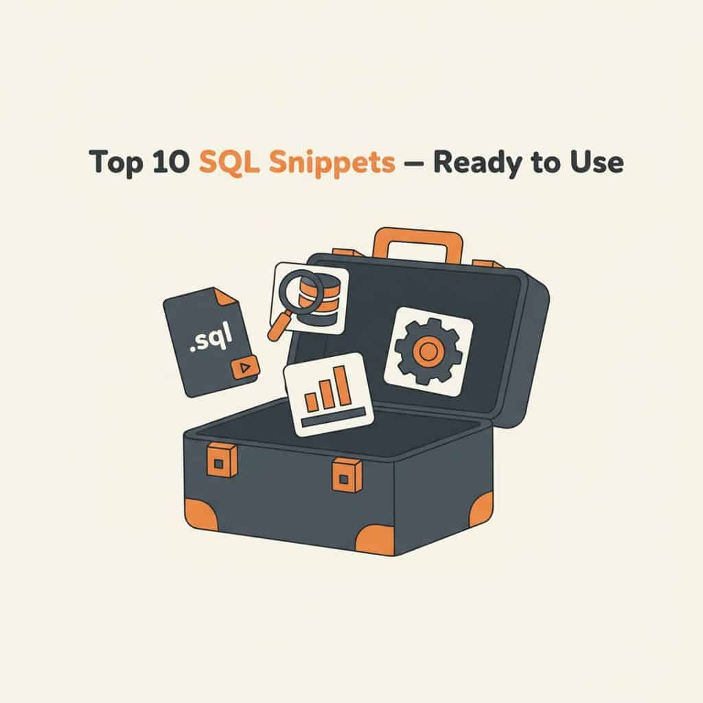 Illustration of an open toolkit with SQL files and analysis icons, headline “Top 10 SQL Snippets — Ready to Use.”